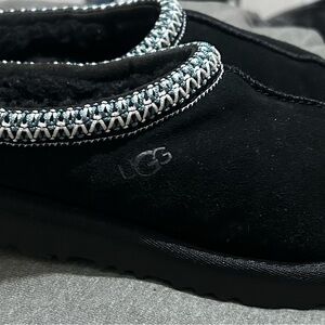 UGG Black Suede Slip-On Moccasin with Silver & Light Blue Trim